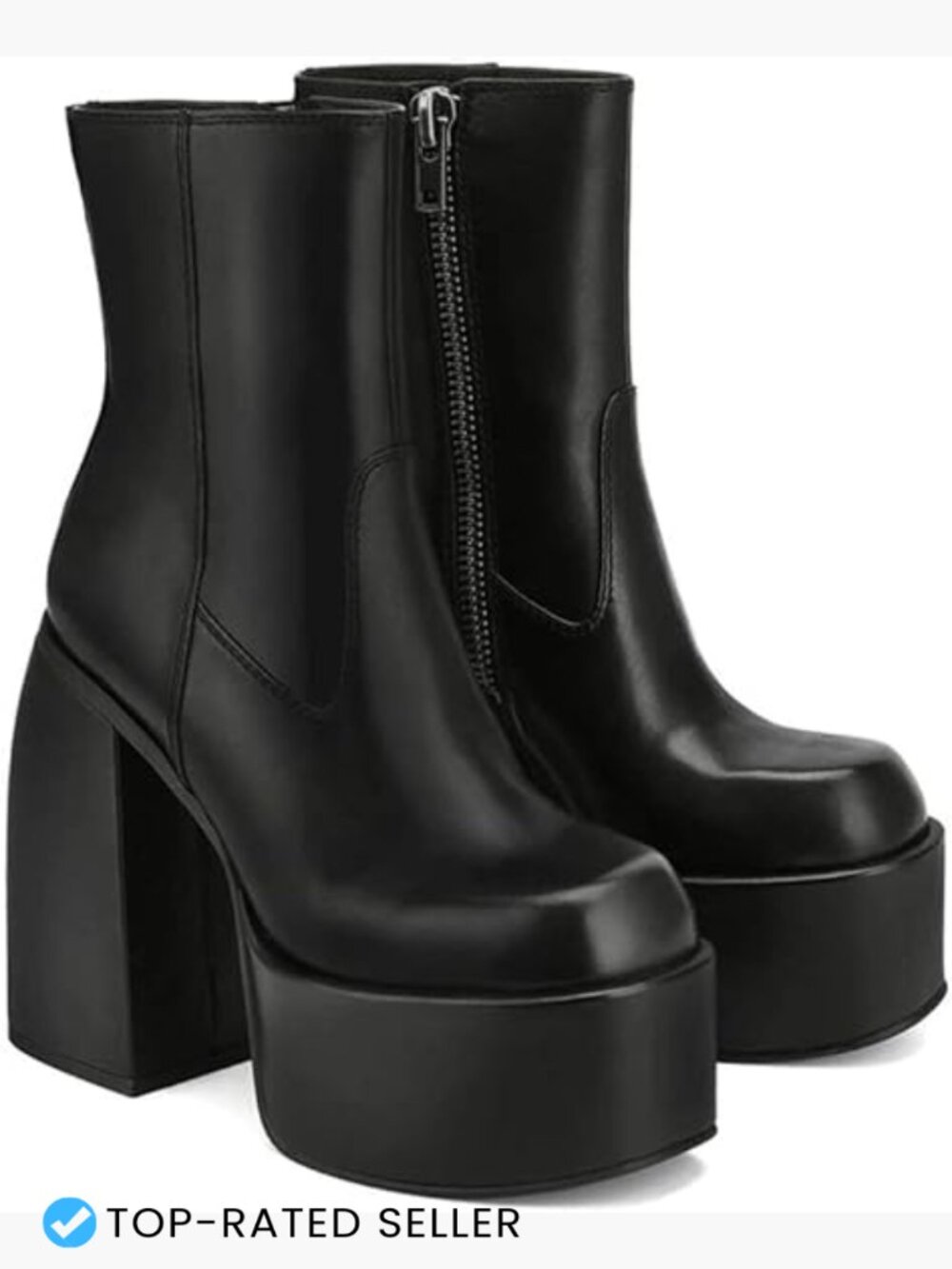 Chunky High Heel Square Toe Side Zipper Pu Leather Stretch Platform Ankle Boots